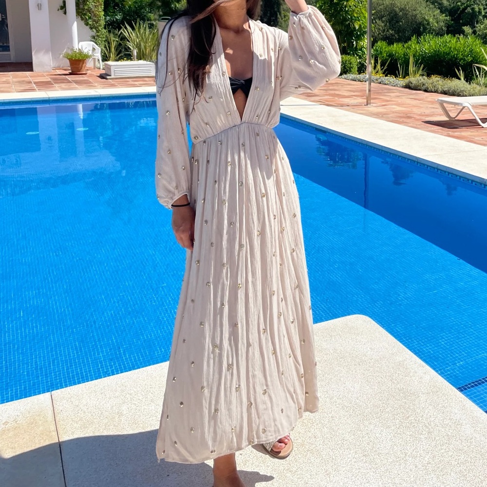 J&L Paris tan & gold dress